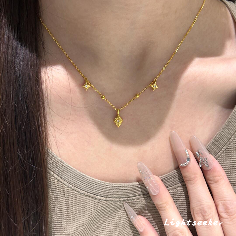 S925纯银中古金色点钻四芒星项链女轻奢高级感颈链菱形流苏锁骨链