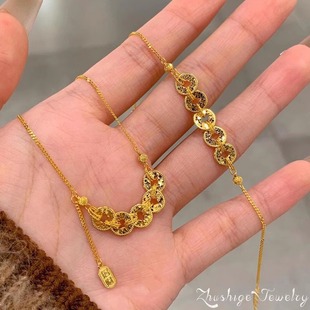 碎碎冰金色五帝钱币项链女吊坠招财进宝新中式古法手链精致不掉色