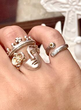 中古雕刻天使之面戒指女开口小众