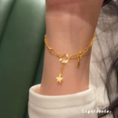 高保色中古金色碎碎冰圆环手链女小众双层古巴链星星流苏吊坠手饰