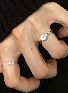 银色反向的钟手表戒指女小众设计