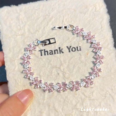 S925纯银粉白锆石满钻蝴蝶结手链