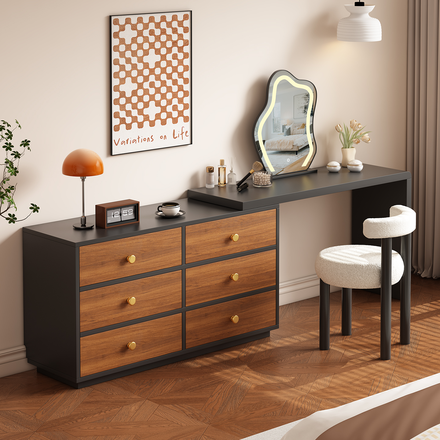 实木梳妆台斗柜一体中古风