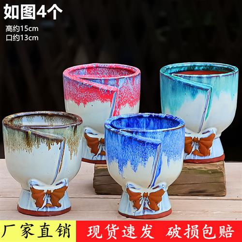 多肉花盆陶瓷紫砂人气大口带脚小圆盆透气简约小老桩绿植陶罐包邮