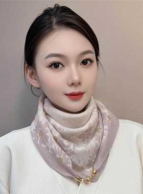 磁扣棉麻小方巾丝巾女春秋薄款百搭护颈领巾三角围巾夏季保暖围脖