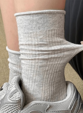 灰色袜子女中筒袜春秋季薄款纯色透气长袜配德训鞋月子袜堆堆袜