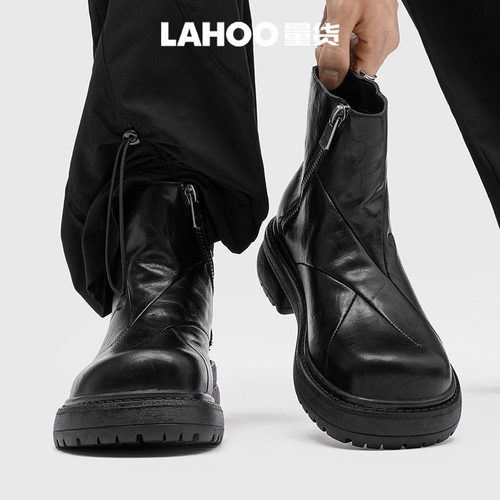 LAHOO量货 复古时尚高帮厚底增高马丁靴男款工装黑色休闲短靴2026