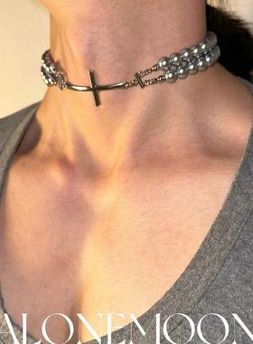 ALONEMOON原创设计 「无序的」银珍珠十字钛钢珍珠项链choker