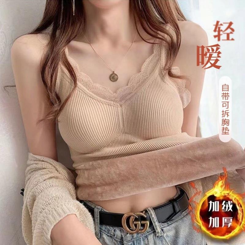 保暖加厚加绒背心女秋冬带胸垫蕾丝V领内搭吊带打底衫女上衣性感