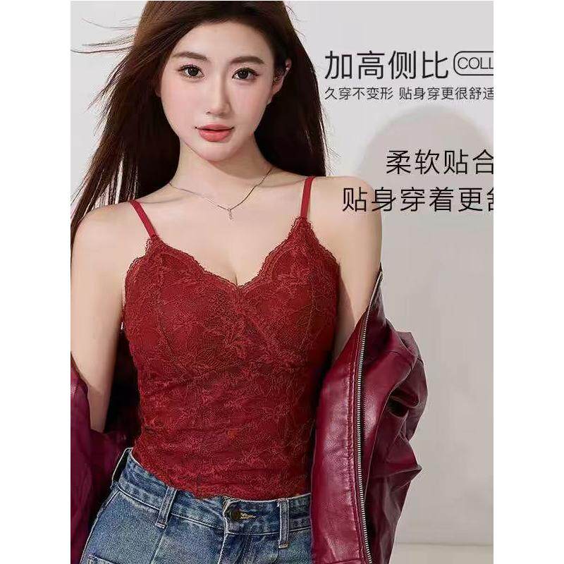 法式纯欲性感蕾丝美背内衣带胸垫一体式无痕修身显瘦百搭吊带背心