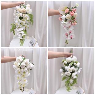 白绿韩式手捧花瀑布形新娘花束仿真婚礼复古民国风拍照道具手捧花