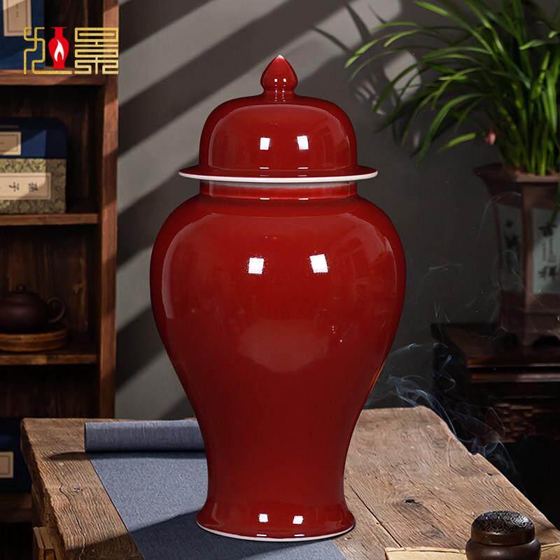 景德镇陶瓷器霁红色花瓶将军罐客厅郎红茶叶罐子带盖子大号插花摆
