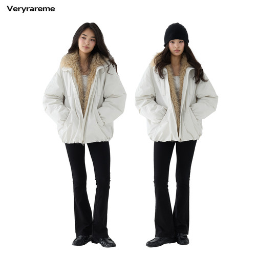 Veryrareme环保皮草拼接花苞毛领派克棉服