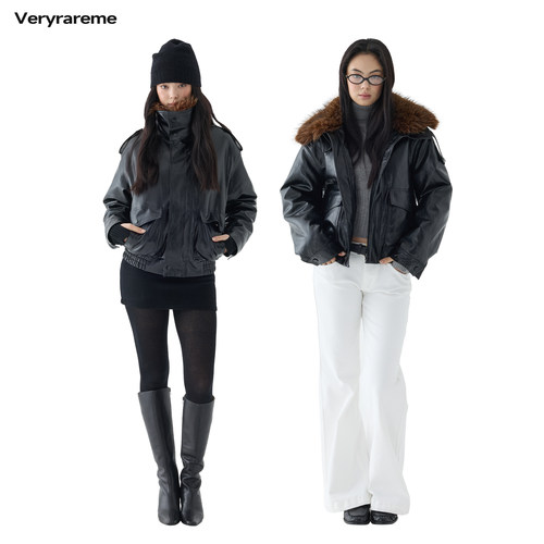 Veryrareme可拆卸大毛领黑色PU皮夹棉皮衣外套