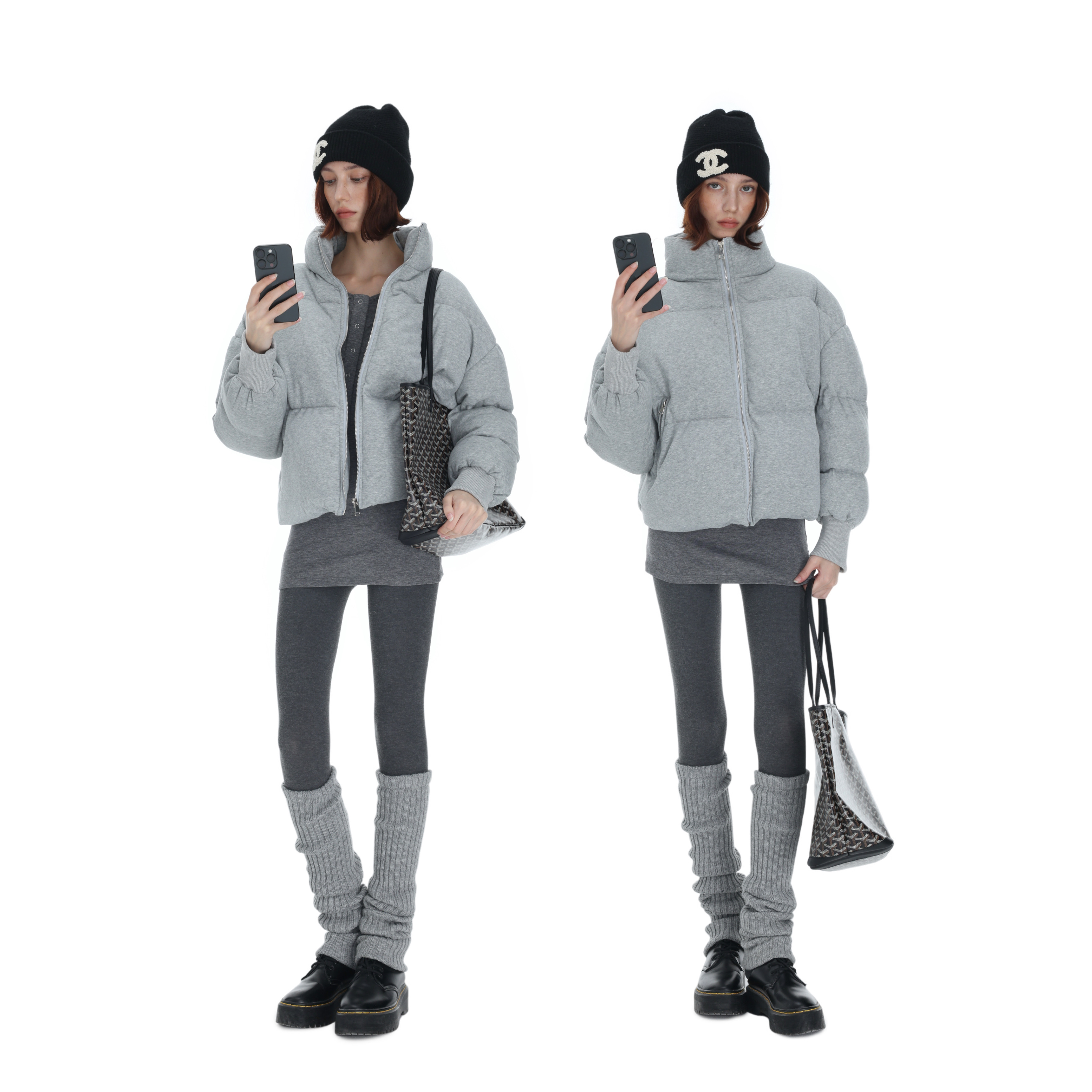 Veryrareme 90白鸭绒灰色针织面包羽绒服