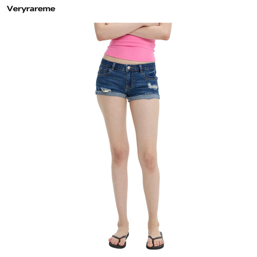 Veryrareme 低腰蓝色弹力破洞牛仔短裤