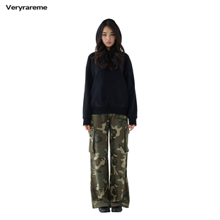 Veryrareme黑色加绒薄绒连帽套头短款卫衣