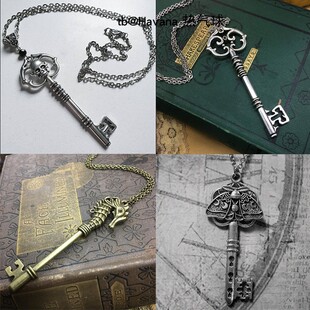 哥特朋克生命之钥钥匙项链 月亮魔法阵蝙蝠飞蛾骷髅头锁骨链颈链