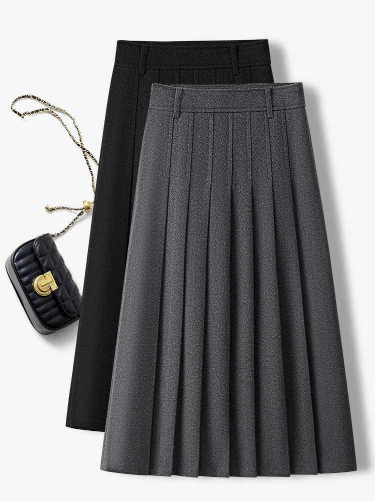 轻奢灰色毛呢百褶半身裙女秋冬新款2025中长款超好看独特a字伞裙