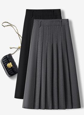 轻奢灰色毛呢百褶半身裙女秋冬新款2025中长款超好看独特a字伞裙