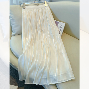 高级感杏色雪纺月光半身裙女夏季薄款2025新款流光纱裙a字百褶裙