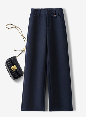 高级感藏蓝色毛呢阔腿裤女秋冬新款2025超好看的小个子洋气直筒裤