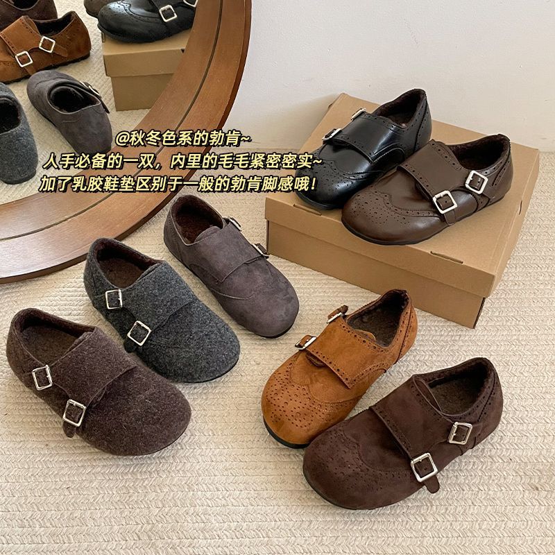 英伦风复古雕花加绒乐福鞋女2025新款秋冬季布洛克绒面雕花小皮鞋
