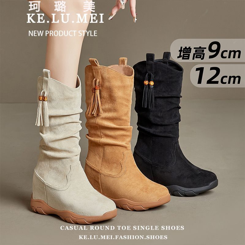 小个子内增高马丁靴女2025秋新款复古v口堆堆靴9cm厚底显瘦骑士靴