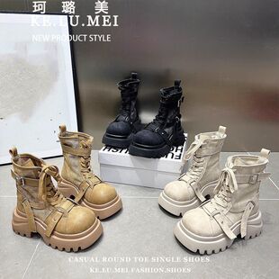 马丁靴女2025新款百搭拼接布面厚底松糕绑带休闲机车靴小个子短靴