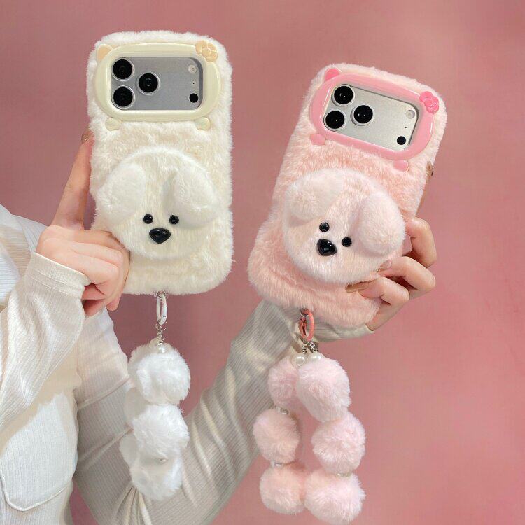 适用可爱补妆镜子狗iPhone17promax手机壳15苹果16毛绒套14卡通13保暖18pro毛绒绒萌萌哒软萌12pro卡通手链