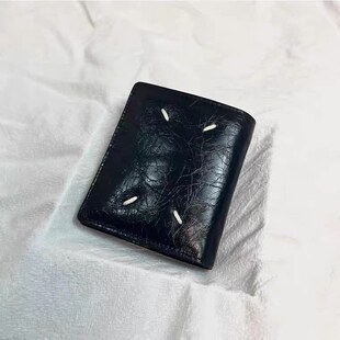 原创自主MM风格 四角缝线标褶皱真皮油蜡牛皮钱包男女卡包零钱袋