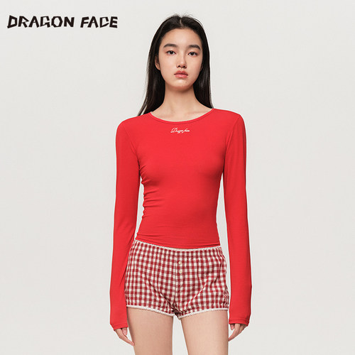 【明星同款】龙脸DRAGON FACE 刺绣花边上衣 修身长袖T恤红品