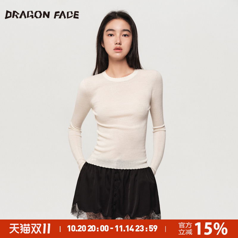 【明星同款】龙脸DRAGON FACE 花边圆领薄打底衫100%绵羊毛针织衫
