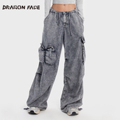 FACE灰色休闲低腰口袋牛仔复古伞裤 龙脸DRAGON 沈梦辰同款