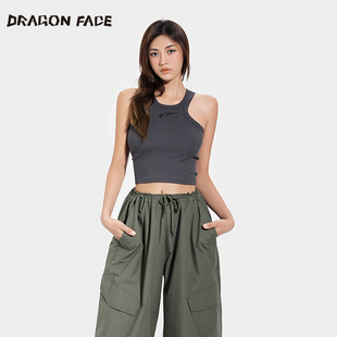 龙脸DRAGONFACE挂脖工字美背吊带百搭罗纹印花背心 何超莲同款