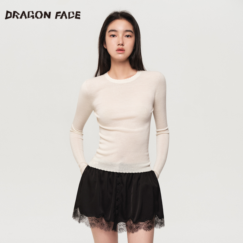 【明星同款】龙脸DRAGON FACE 花边圆领薄打底衫100%绵羊毛针织衫