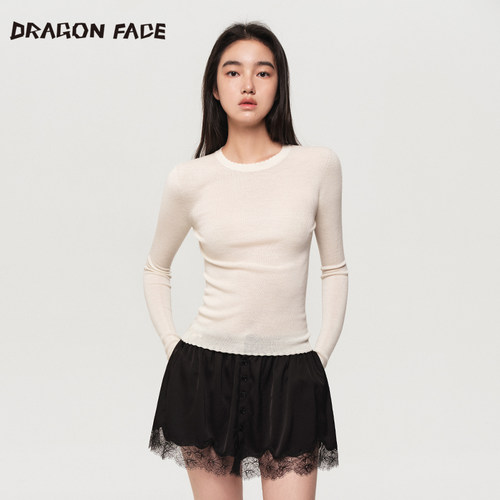 【明星同款】龙脸DRAGON FACE 花边圆领薄打底衫100%绵羊毛针织衫