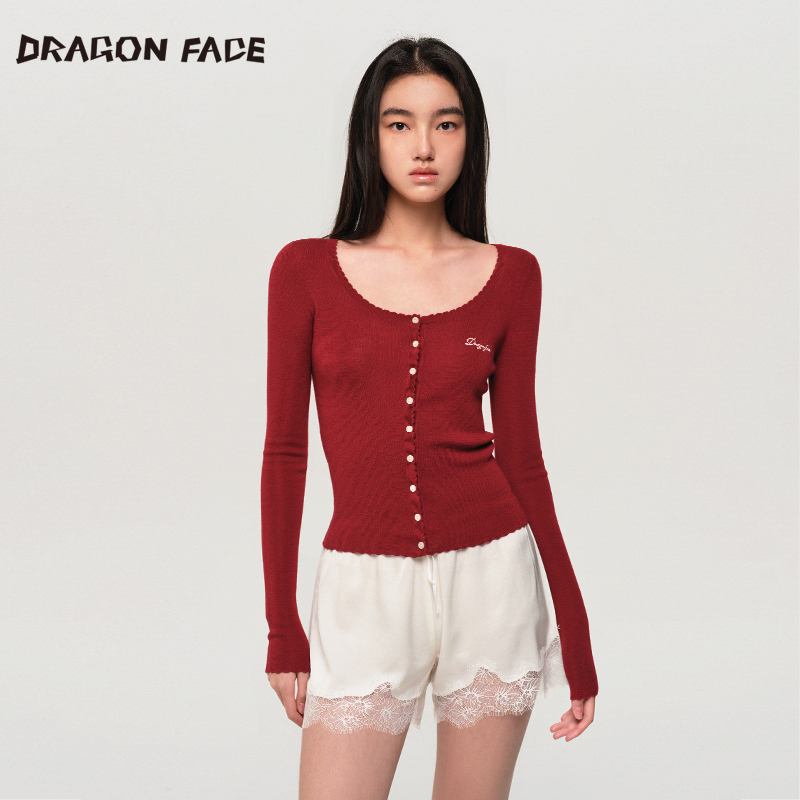 【明星同款】龙脸 DRAGON FACE 花边薄开衫100%绵羊毛针织衫红品