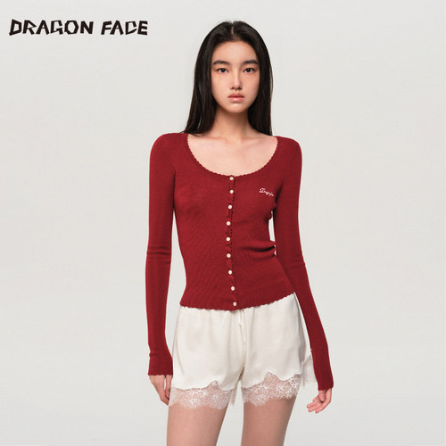 【明星同款】龙脸 DRAGON FACE 花边薄开衫100%绵羊毛针织衫红品