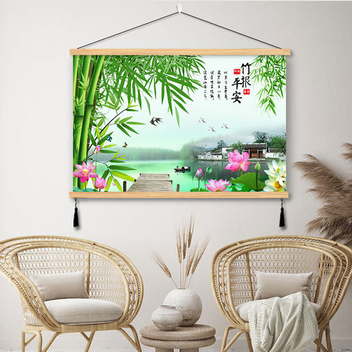竹报平安实木挂画客厅茶室装饰画电表遮挡免打孔风景背景墙山水画