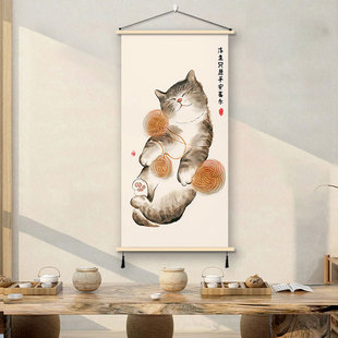 禅意可爱小猫咪油画挂画遮挡电表箱装饰画儿童房间沙发背景墙中式