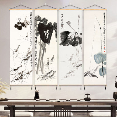 齐白石水墨鱼虾禅意挂画新中式客厅茶室背景墙壁餐厅办公室装饰画
