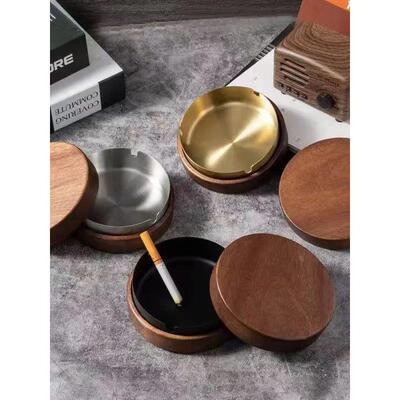Retro ashtray with wooden lid, creative light luxury, home,