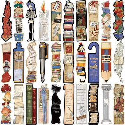30PCS Vintage Reading Theme Bookmark Posters Cartoon Laptop