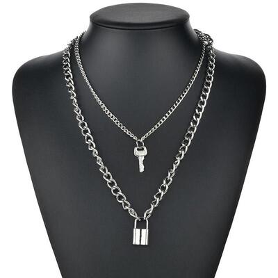 Cute Simple Chain Link Lock Necklace Pendant Women Silver