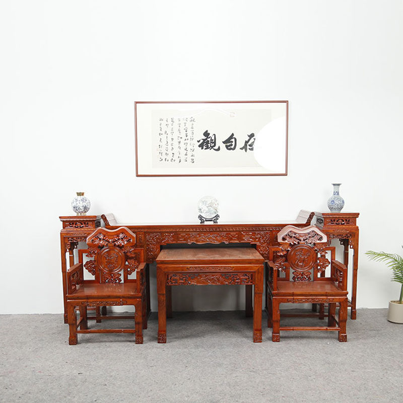 明清古典老榆木中堂条案六件套四件套客厅别墅家具套装