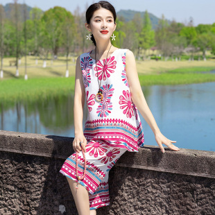 五分裤 2026夏季 女中老年民族风印花宽松无袖 棉绸套装 两件套 妈妈装
