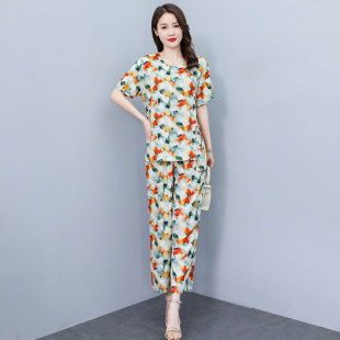 短袖 阔腿裤 两件套妈妈装 2026新款 棉绸休闲套装 夏季 时尚 中老年女装