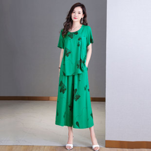 宽松时尚 妈妈夏装 印花短袖 薄款 两件套 中老年套装 棉绸阔腿裤 女新款