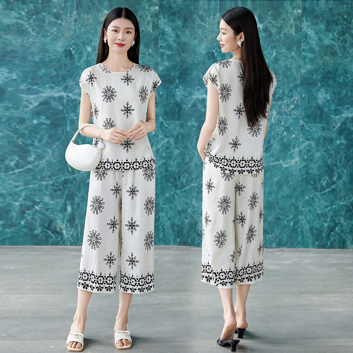 妈妈夏装棉绸套装2026新款中老年女装民族风印花短袖阔腿裤两件套